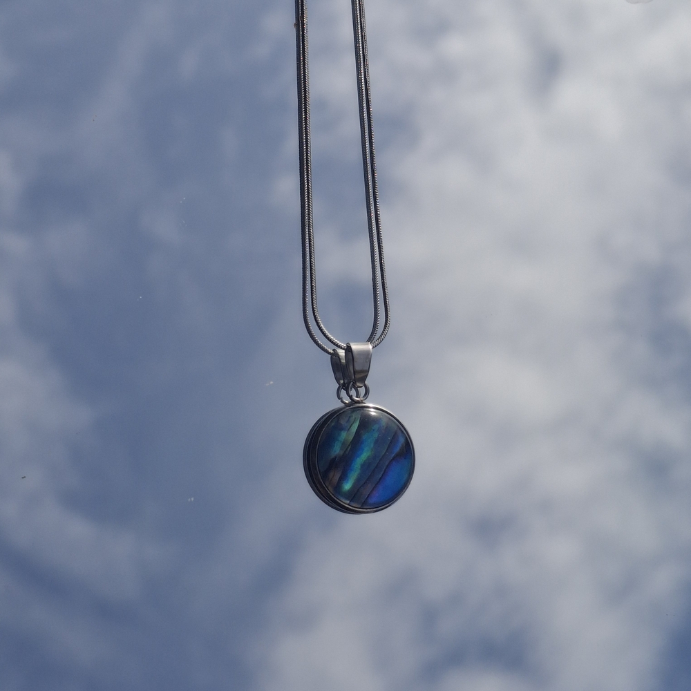 Silver Pendant Necklace with Blue-Green Abalone Inlay